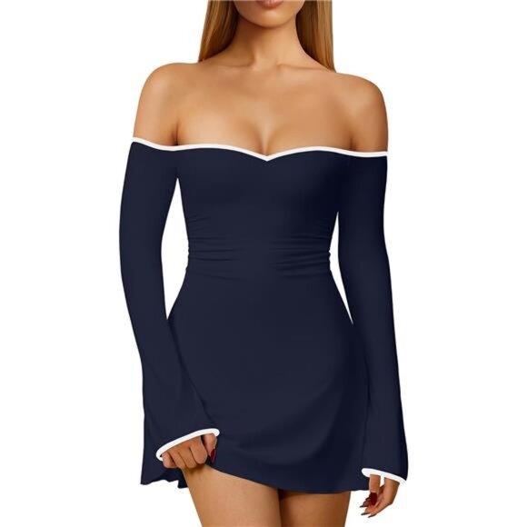 Women's Sexy Off Shoulder Mini Dress Dark Blue - Picture 1 of 7